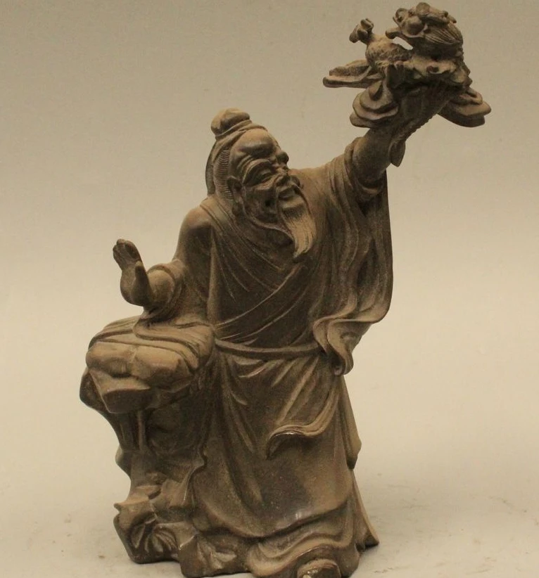 

6" Chinese China Folk Pure Bronze Geezer Old Man grab catch Kylin Beast Statue