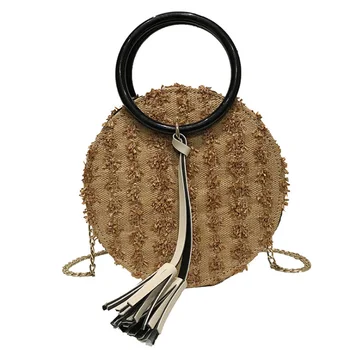 

ASDS-Woven Small Round Bag Portable Straw Small Round Bag Female New One Shoulder Slung Chain Bag
