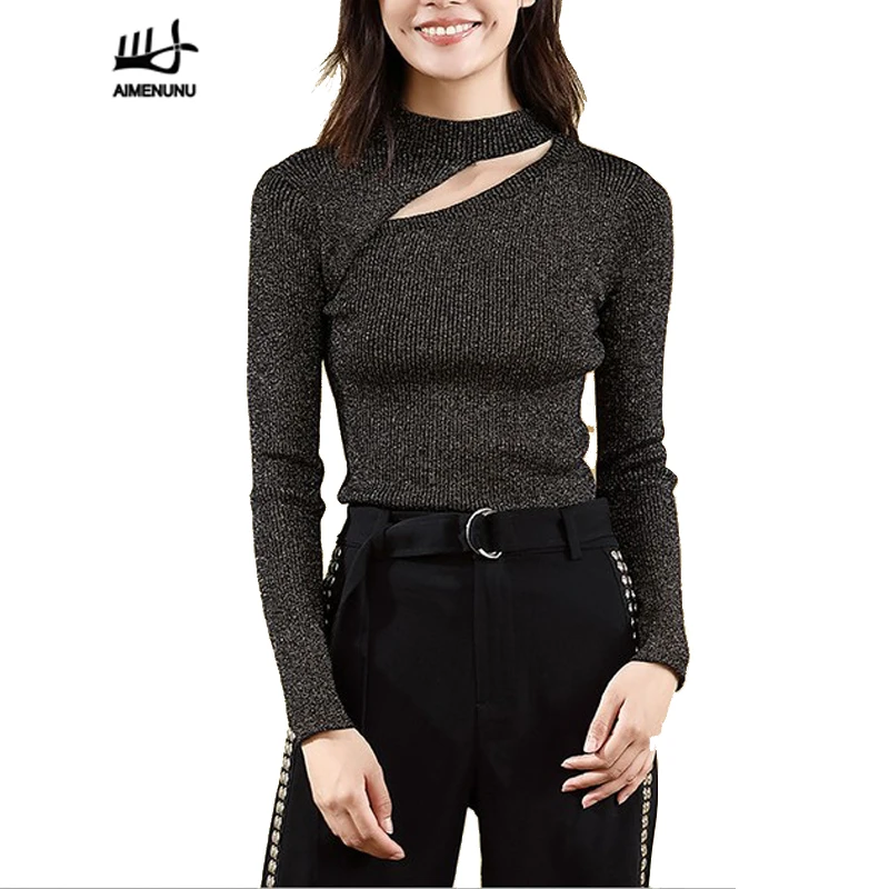 AIMENUNU Women Pullovers Sweater Slim Elastic Skinny Knitted Tops 2019 Spring Winter Half Downneck Sexy Hollow Out Casual Ladies | Женская