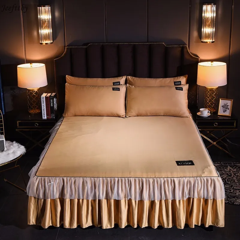 

Solid Color Washed Silk Satin Bed Skirt Set 150x200CM Size Bedding Girl Boy Bedsheet Bedspread + Pillowcase 3pcs Home Textiles