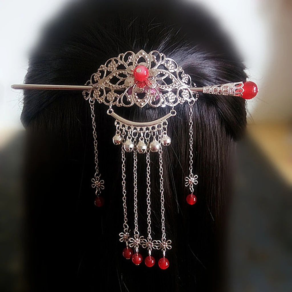 Womens Retro Traditional Chinese Wedding Floral Tassels Bells Hair Stick Chignon Chopsticks Headwear Jewelry
