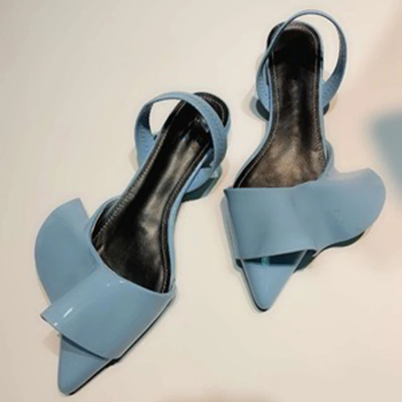 Роскошные брендовые римские сандалии с ремешком на пятке; женские сандалии-гладиаторы на каблуке с рюшами и кошачьими ушками; брендовая дизайнерская женская обувь с острым носком на низком каблуке - Цвет: Синий