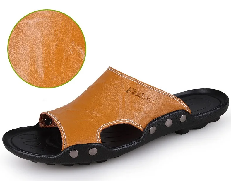 2018 New Men Genuine Leather Holiday Beach Shoes Flip Flops Men's Casual Flat Shoes Sandals Summer Slippers For Men (1)