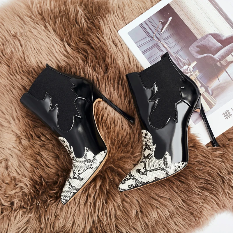 

Snake pattern color matching high heel stiletto pointed women's shoes 2018 autumn and winter new sexy black plus velvet net red