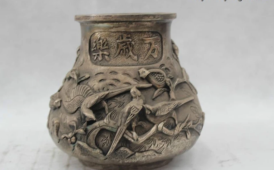 

7"Chinese Folk Pure Bronze Lucky excellent longevity magpie Pot jar Statue