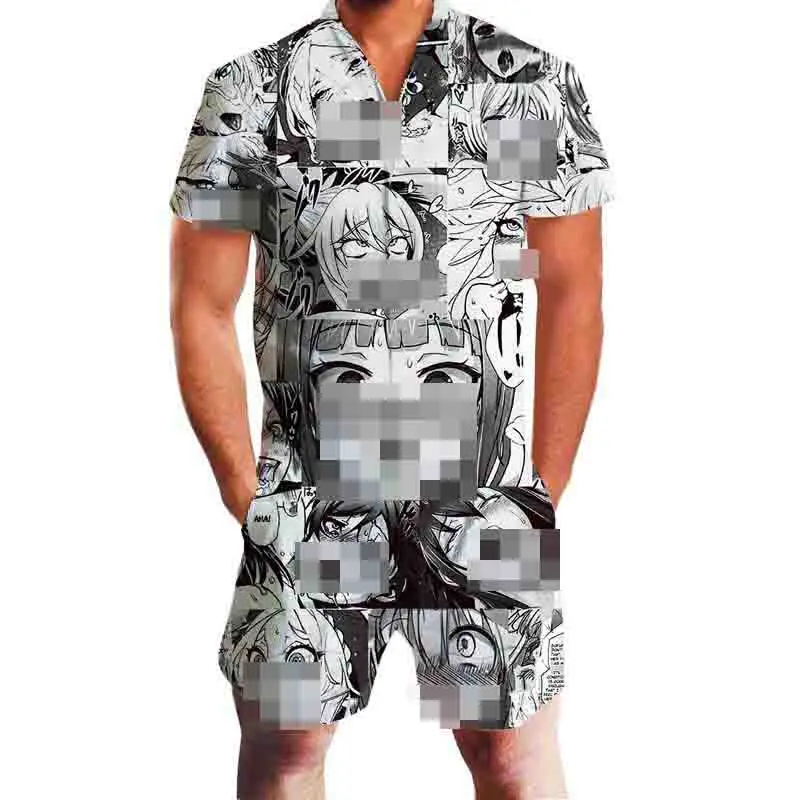 

Harajuku Harem Cargo Overalls Summer OnePiece Set Ahegao Floral Print Rompers Men Short Sleeve 3D Gay Party Jumpsuit Playsuit