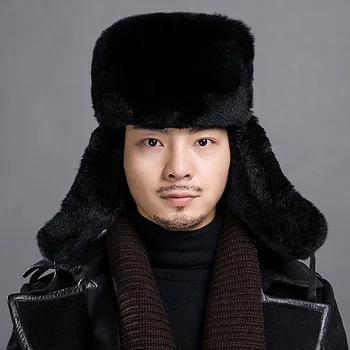 

Russian Fur cap Warm autumn winter cap with natural Real rex rabbit fur and leather luxury men bomber hat