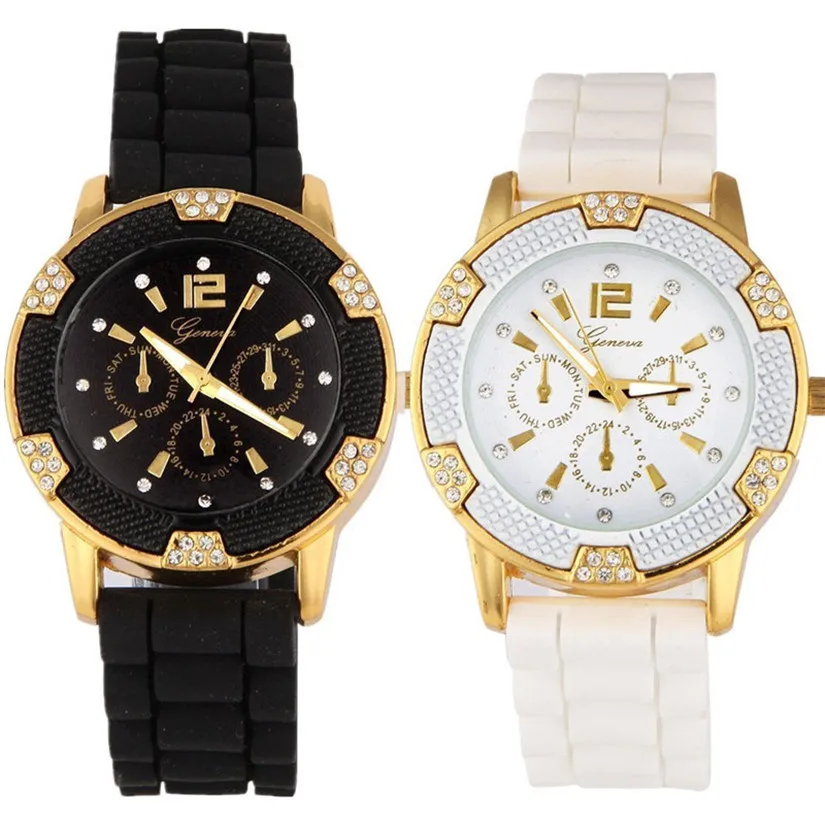 

Perfect Gift  Black and White Rosegold Faux Chronograph Silicone Watch w/ Rhinestones Levert Dropship July05P30