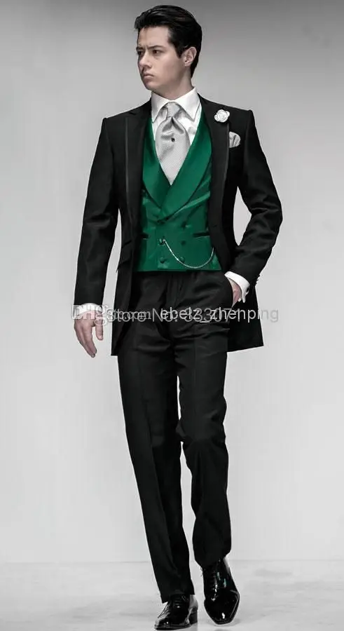 Custom Tailor Groom Tuxedos Black Suit Green Vest Notch Lapel Best