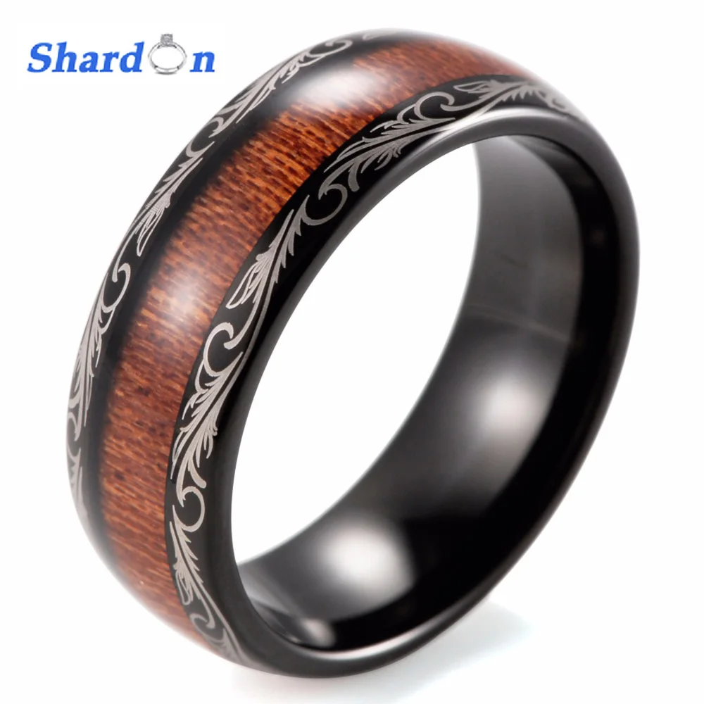 

SHARDON wedding and engagement jewelry mental Vintage Dome Koa Wood Black Tungsten Carbide Ring Wedding Band Size 7 to 13