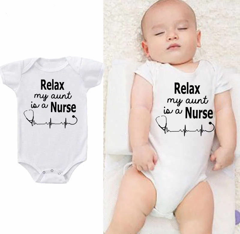 

White Summer Newborn Bodysuits Kids Jumpsuits Short Sleeve Infant Outfits Relax My Aunt Is A Nurse Letters Print Onesie Outwear
