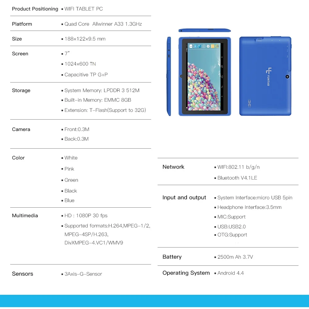 Yuntab " Q88 планшет Allwinner A33 четырехъядерный Android 4,4 8 Гб Двойная камера wifi Google APP Play 5 цветов с Bluetooth