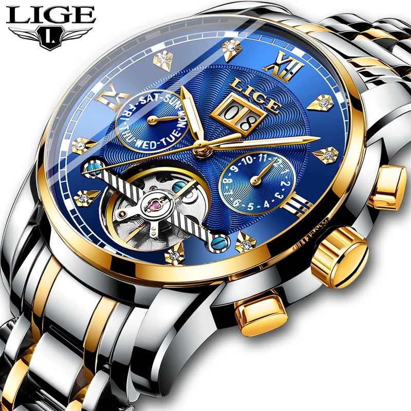 Comprar Nuevo reloj mecánico automático de lujo LIGE para hombre, reloj de acero completo impermeable para hombre, reloj Masculino