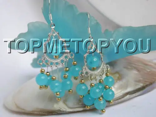 

wholesale NEW 8mm round sky blue jade earrings 925ss hook 5.29