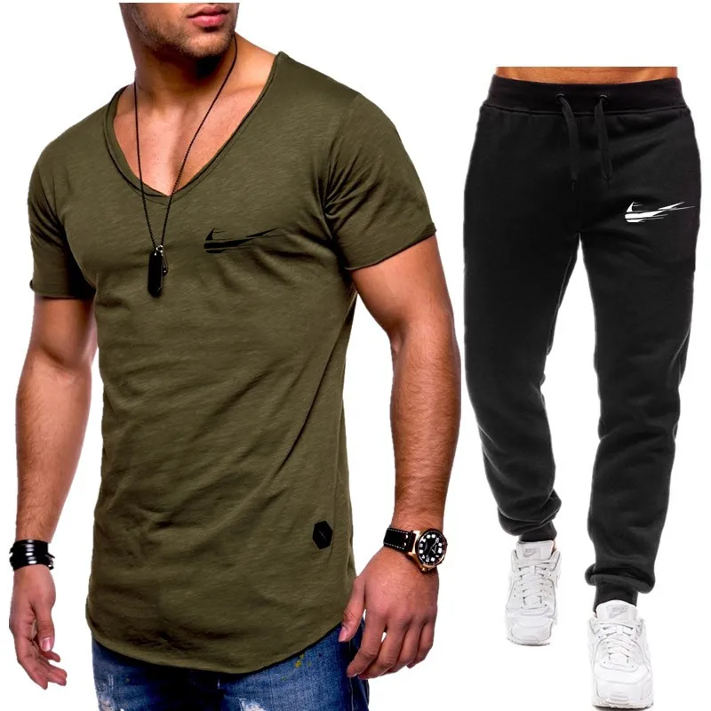 Homens de Moda Duas pechas Define t+ calchas Terno Homens Verao топы, футболки Marca de Moda impresssano Camiseta de Alta Qualidade spor