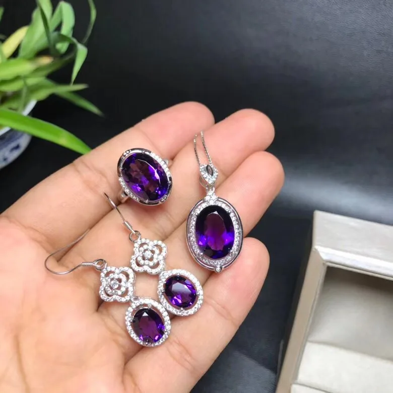 Muslimboutique Jewels 925 Sterling Silver Intarsiato Con Orecchini Pendenti Con Anello Cavo Ametista Naturale 3 Nuovo Set Di Loto