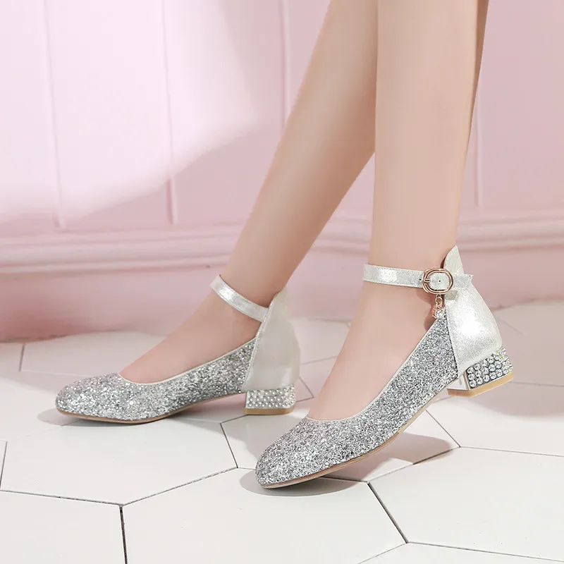 YMECHIC/ г.; обувь с пряжкой на лодыжке; блестящие женские свадебные туфли с кристаллами золотистого и серебристого цвета; туфли-лодочки на низком массивном каблуке; женская обувь Mary Jane