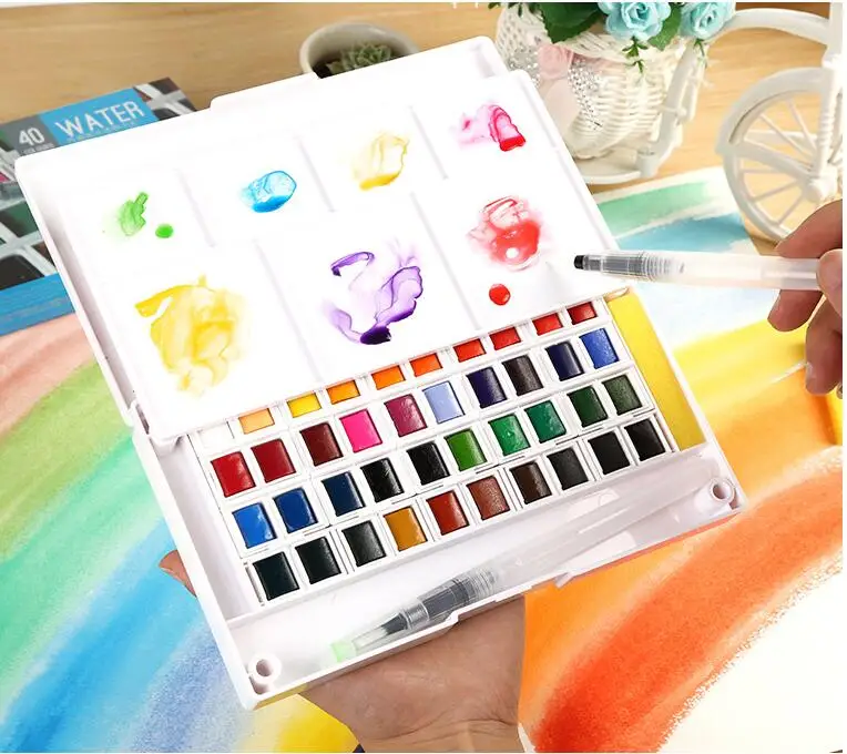 Professional Solid Watercolor Paint Box with Paint Brush Bright Color Portable Watercolor Pigment Set for Art Supplies