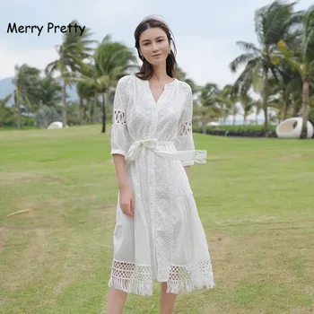 

Merry Pretty 2019 Autumn Women Cotton Dress Long Flare Sleeve V Neck White Tassel Hollow Boho Lace Dress OL Female Dresses