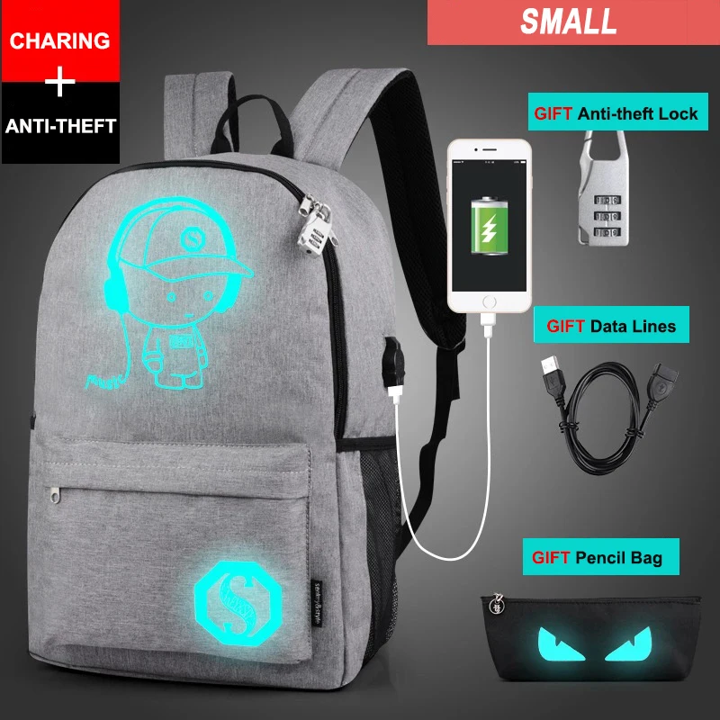 Противоугонный ночник, школьные сумки, зарядка через usb, мужские светящиеся рюкзаки, Mochila, модный мультяшный школьный рюкзак для студентов - Цвет: S Music Kid Gray
