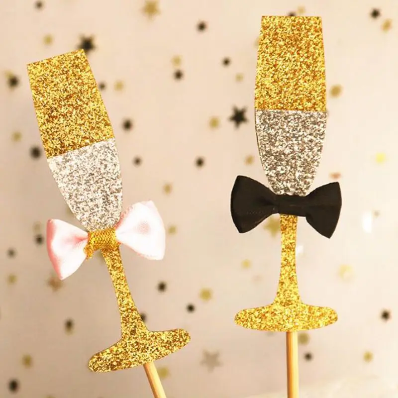 

Twinkling Golden Champagne Wine Glass Cake Toppers Bow Tie Shaped Cupcake Picks for wedding birthday Party Cake Decoration