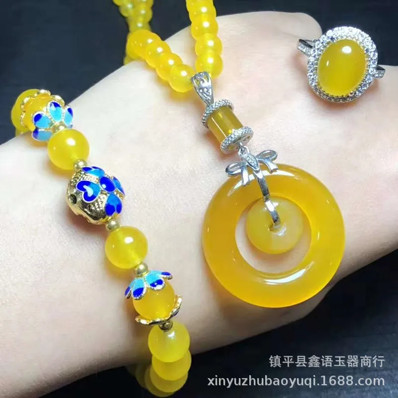 

wholesale exquisite fashion peace buckle agate chalcedony pendant bracelet sweater chain ring opening three-piece suit