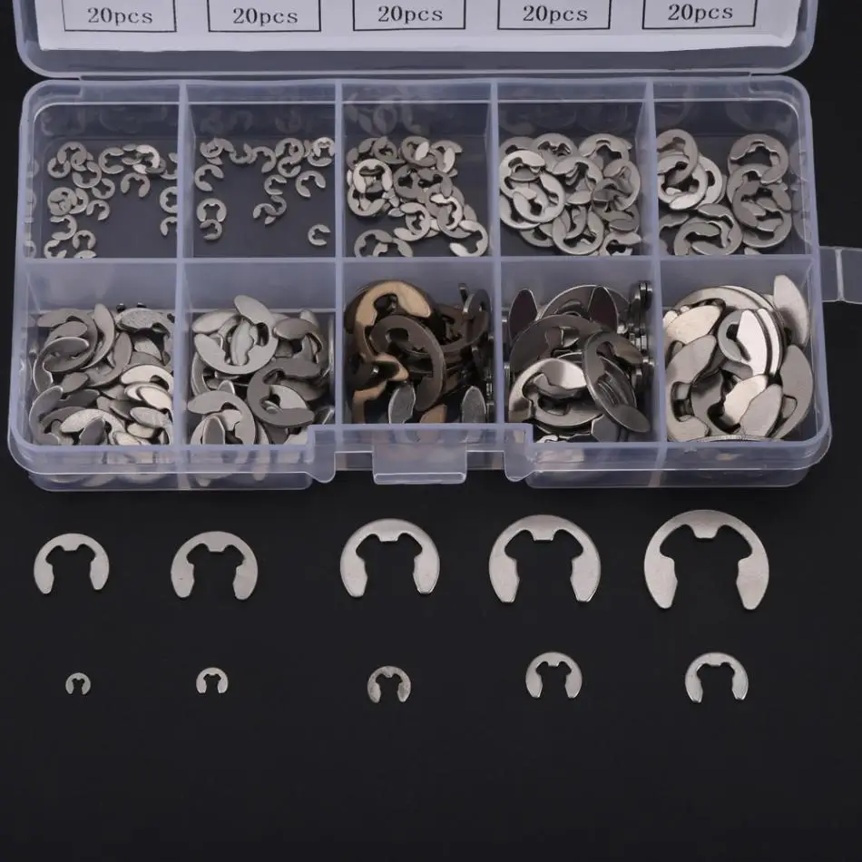 

200Pcs/set Stainless Steel E-Clip E-clips Washers Assortment Kit Circlip Retaining Ring for Shaft Fastener Hot Sale