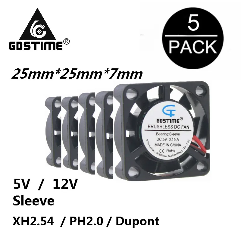 

Gdstime 5pcs 5V 12V 25mm x 25mm x 7mm 2Pin connector PH2.0 XH2.5 Dupont Small Mini Axial Flow Blushless DC radiator Cooling Fan