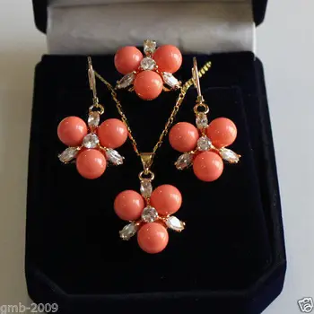 

8mm Coral Pink South Sea Shell Pearl Crystal Earring Pendant Ring Set Quartz Fine Plated Bridal wide watch wings queen