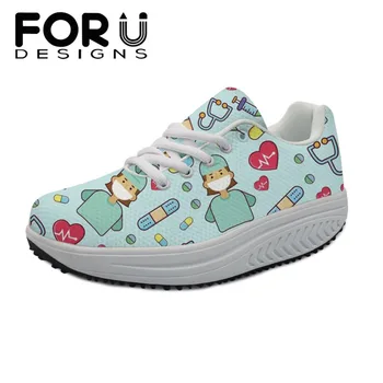 

FORUDESIGNS Cartoon Women Nurse Air Mesh Swing Shoes 3D Printing Spring Height Increasing Female Flat platform Shoes For Ladies