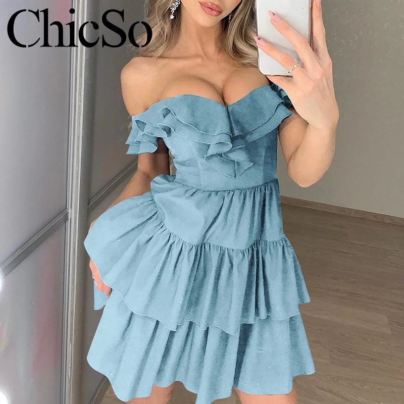 

MissyChilli Knitted ruffle cupcake dress elegant Off shoulder sleeveless short dress women Summer party sexy bodycon dress festa