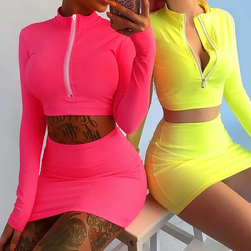 

ZADORIN 2019 Summer Two Piece Dress Women Long Sleeve Mini Dress Front Zipper Neon Color Sexy Bodycon Dress Vestidos Pink Green