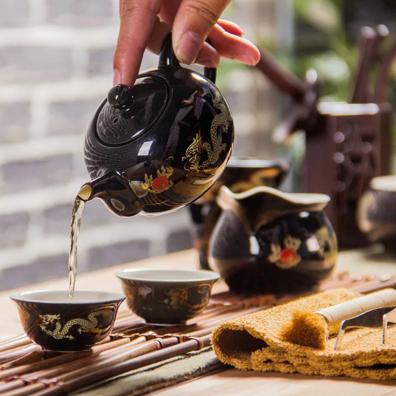 Черный керамический чайник, китайский чайник с драконом ручной работы, легкий чайник, керамический чайный набор, чайник кунг-фу, чайная посуда