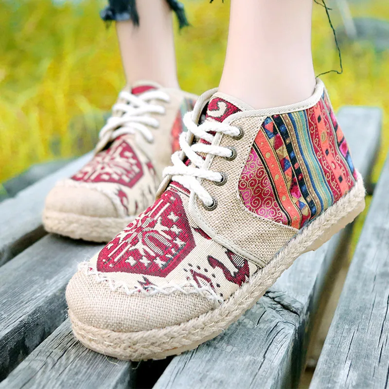 

New Fall Winter Martin Boots National Style Shoes Cotton and Hemp Knitted Women Shoes Ski-proof Floor Boots Fishermen's Shoes