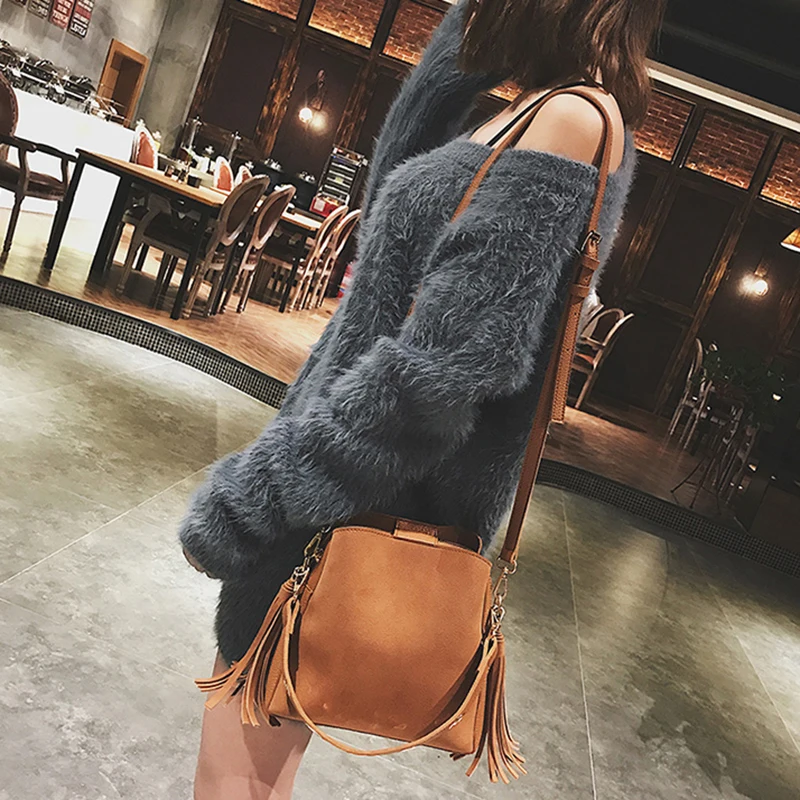 2019 moda Scrub mujeres cubo bolsa Vintage borla mensajero bolsa de hombro Retro de alta calidad Simple bolso bandolera