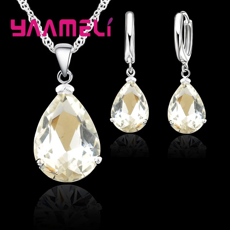 Elegant Water Drop Woman Party Wedding Jewelry 925 Sterling Silver AAA Cubic Zircon Fashion Crystal Earring Necklace Set 