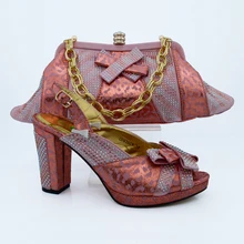 African Women Bags And Shoes For Wedding Heels Rhinestones 2016 Latest Italian Shoes With Matching Bags CP63008 Peach Color.