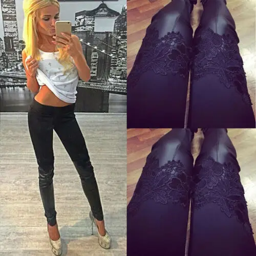 

Sexy Fashion Women Skinny Pants Leggings Stretchy High Waist Casual faux leather Slim Stretch Lace Solid Sport Pencil Trousers