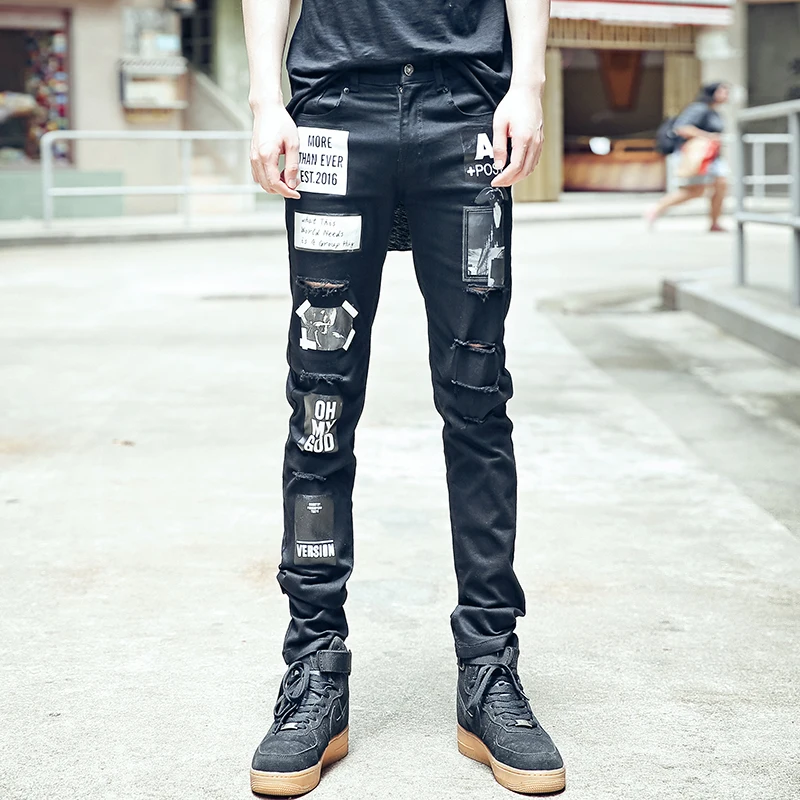

Autumn and Winter 2016 Men Fashion Cool Design Ripped Hole Multi Stamp Pattern Patchwork Print Punk Slim Skinny Jeans