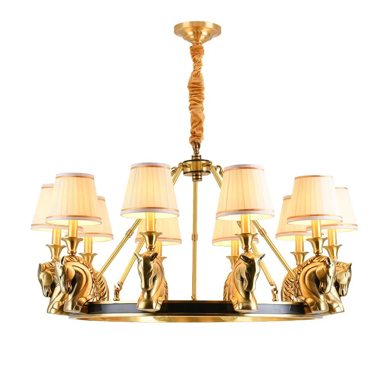 Knight Chandelier with Brass Horse Head and Fabric Shade in
