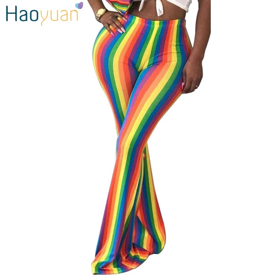 

HAOYUAN Sexy Rainbow Striped Flare Pants 2018 Fashion Casual Stretch Pants Trousers Skinny Long High Waist Bottom Bell Pants