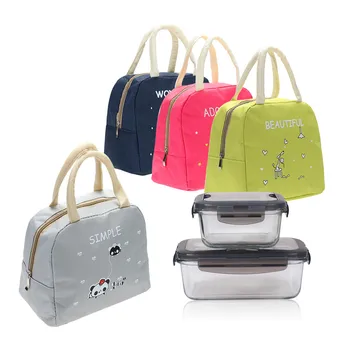 

Lovely Portable Travel Picnic Cartoon Lunch Bag Large Capacity Canvas Tin Foil Thermal Insulation Bag Tote For Women Kids