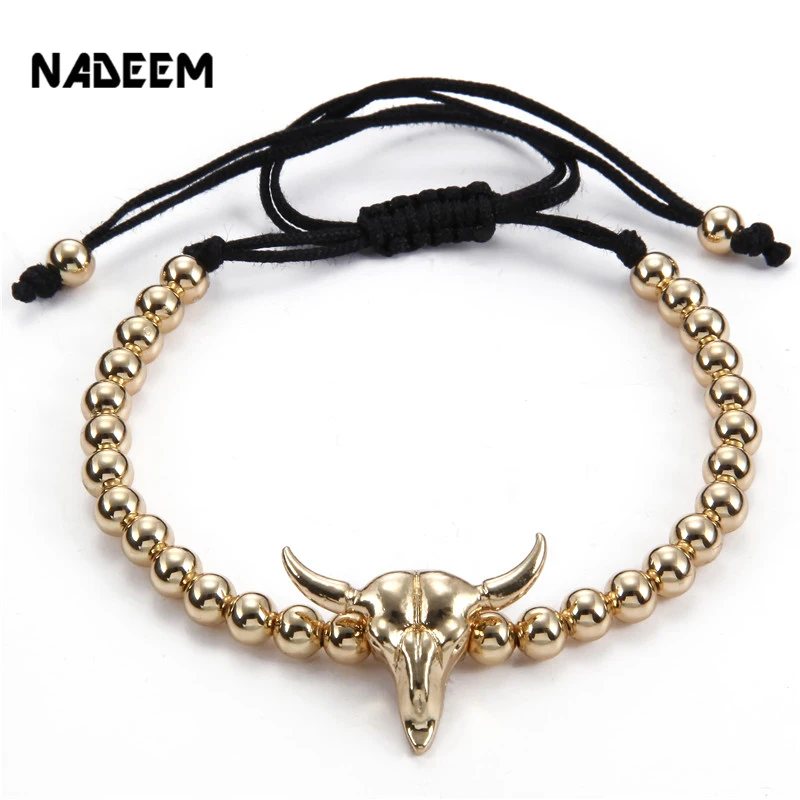 

NADEEM Fashion Gold Color Animal Goat Head Bracelet Men's Gift 5MM Copper Beads Braiding Men Macrame Bracelet Pulseira Masculina