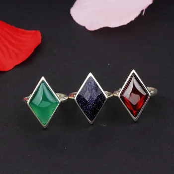 

New S925 Silver Retro Fashion natural stone Opening women's Ring Female Garnet Red Blue Sandstone Green Chalcedony Ring
