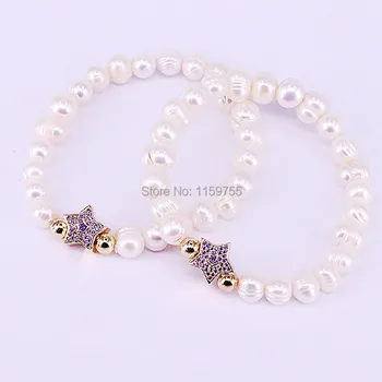 

New 6Pcs Gold Star Shape European Bead with Pearl Bracelet for Women Jewelry