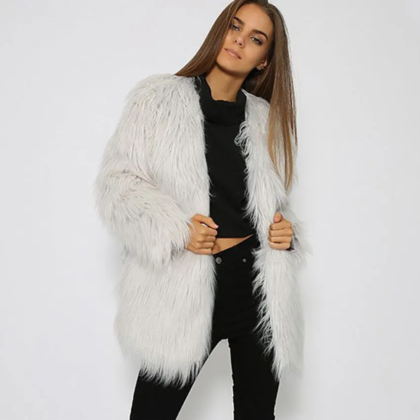Elegant Faux Fur Coat Women Fluffy Thick Warm Long Sleeve Loose Female