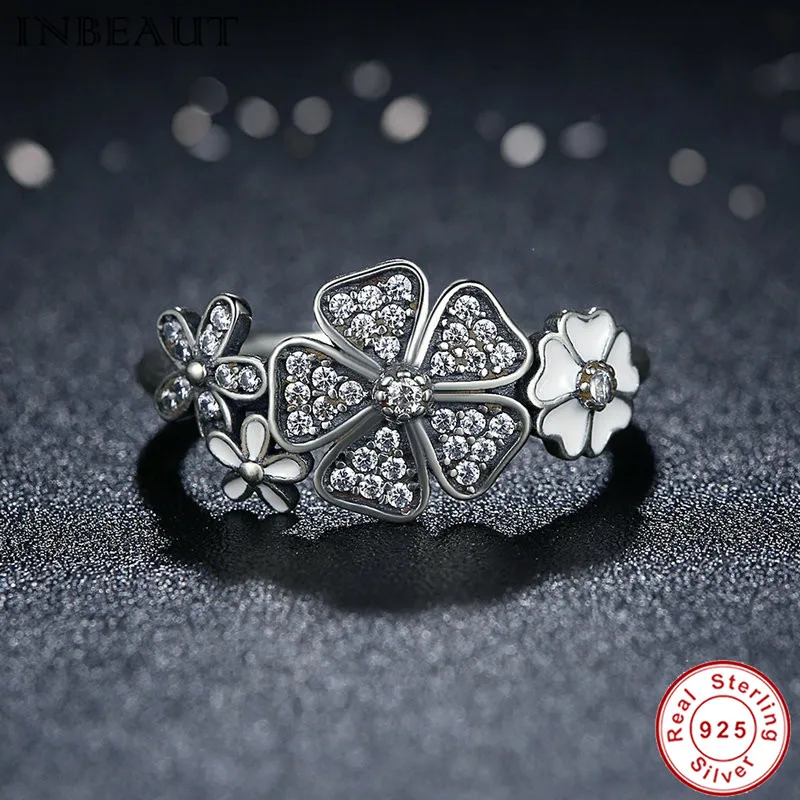 INBEAUT Twinkling 925 Silver Bouquet Enamel Ring Cherry Blossom Mosaic Zirconium Daisy Personalized Wedding Rings Women Jewelry