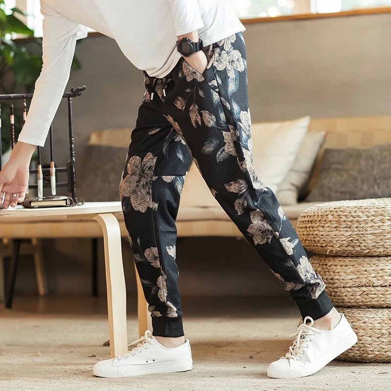 ARTFFEL Mens Loose Fit Cropped Pants Casual Chinese Style Print Harem Pants