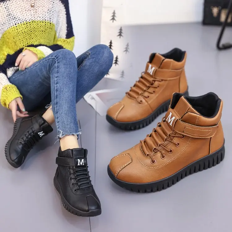

2018 Autumn Winter Flat High Shoes Women Plus Velvet Sports Cotton Shoes Women's Snow Boots Botte Hiver Femme Fall Martin Boots