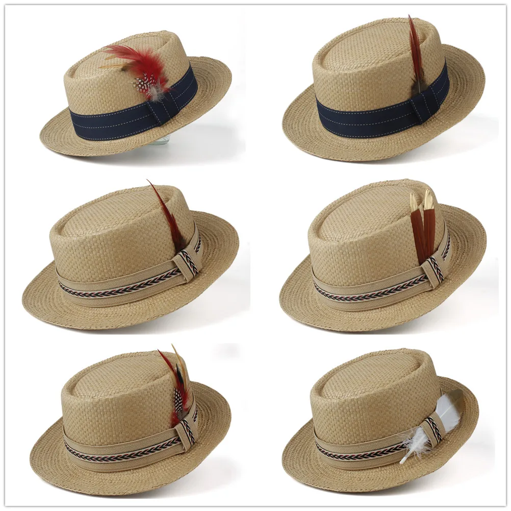 Женская и мужская летняя шляпа-пирожок Солнцезащитная шляпа Женская плоская перьевая пляжная Панама Солнцезащитная шляпа Размер 57-60 см